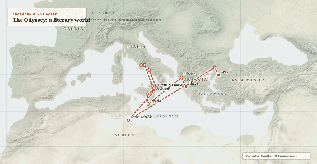 Static atlas of the classical Mediterranean showing the Odyssey’s literary route from Troy through later traditional and speculative locations to Ithaca